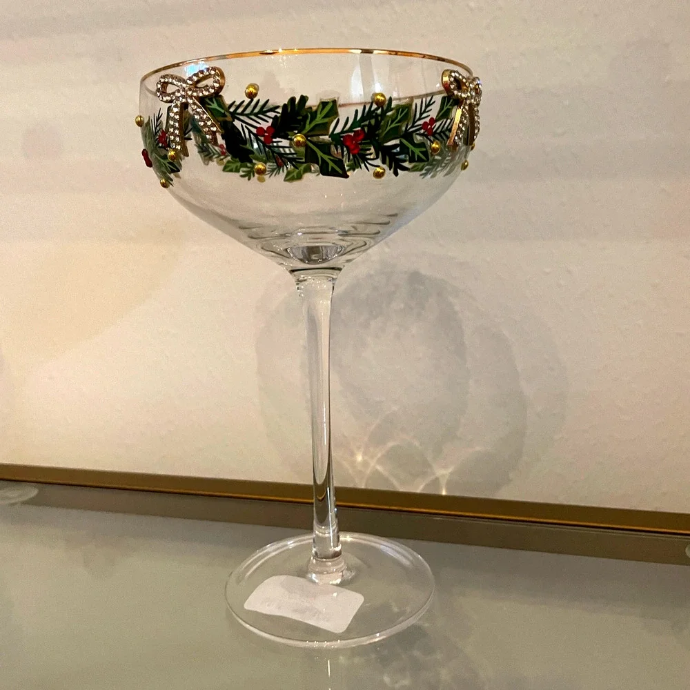 Christmas COUPE GLASSES Hand Painted & Jeweled Gold Bows Holly Garland Set of 2